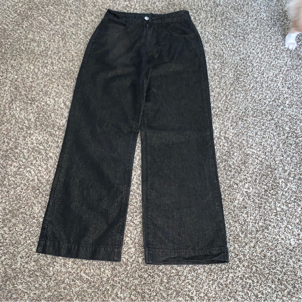 Classic Black Women's Jeans, Sparkly Gold Hue Throughout, 28” Waist